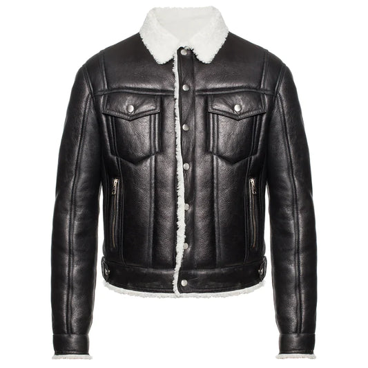 Black Luxurious Designer Leather Jacket w/ Shearling Collar