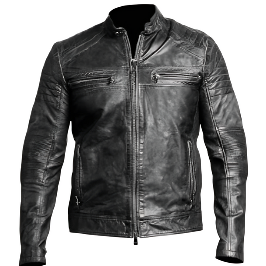 Men's Real Lambskin Leather Motorcycle Jacket - Distressed Black & Brown, Vintage Style