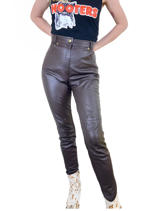 Classic Brown Leather Stretch Trousers - 90's Vintage Elegance